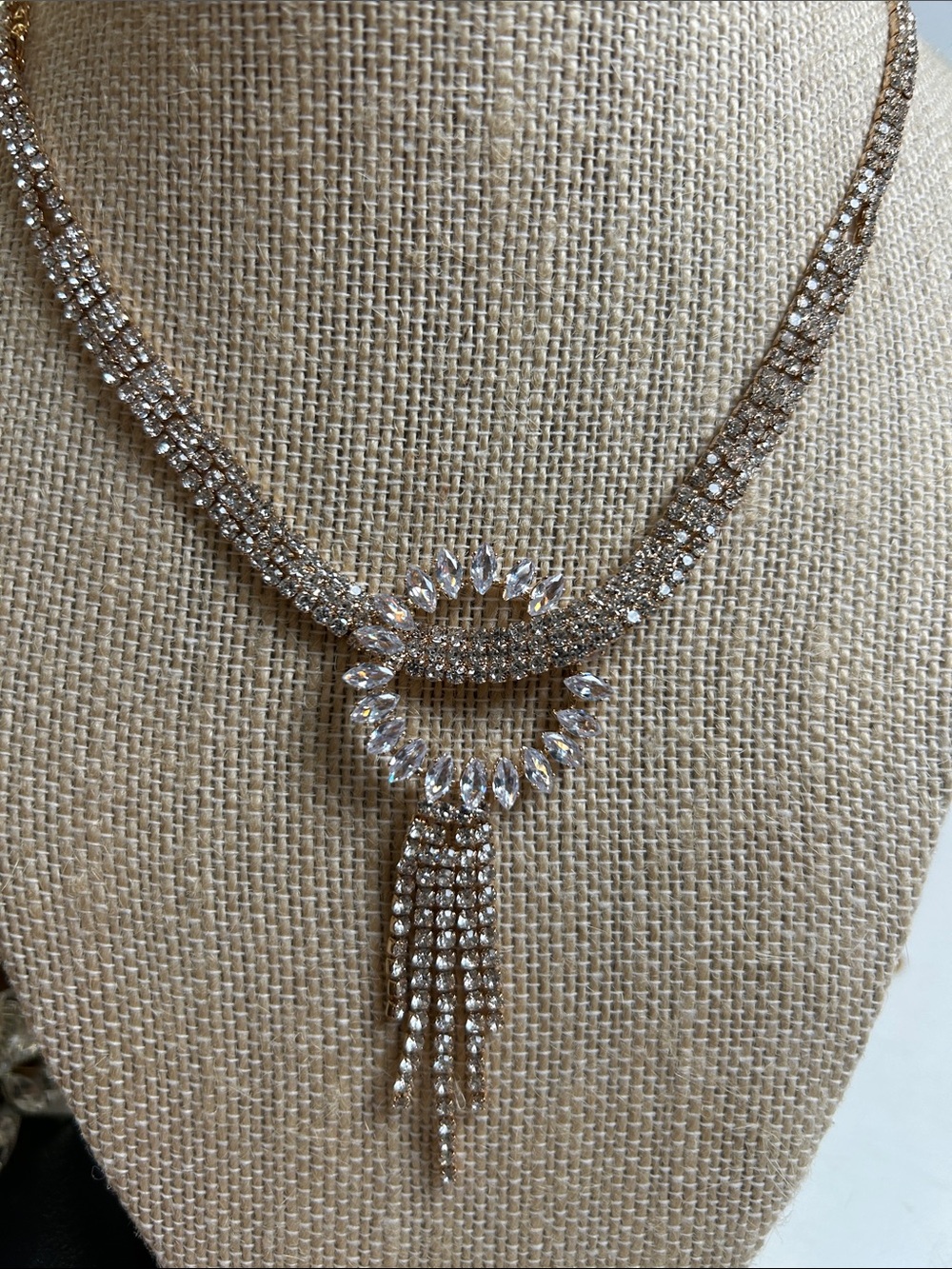 Crystal Tassel Statement Necklace - Clear and Gold